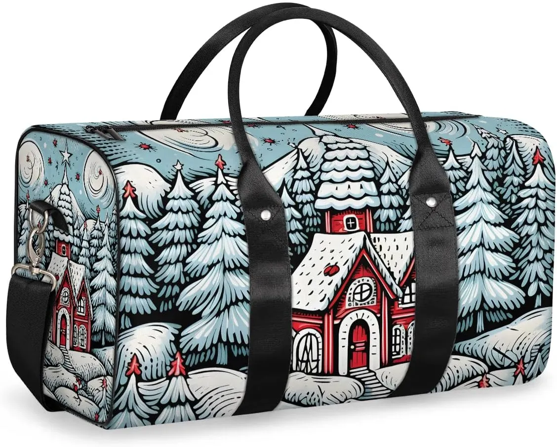 Christmas Village House Travel Duffel Bag for Women Men Waterproof Foldable Overnight Weekender Bag Large Capacity Sports Gym Bag
