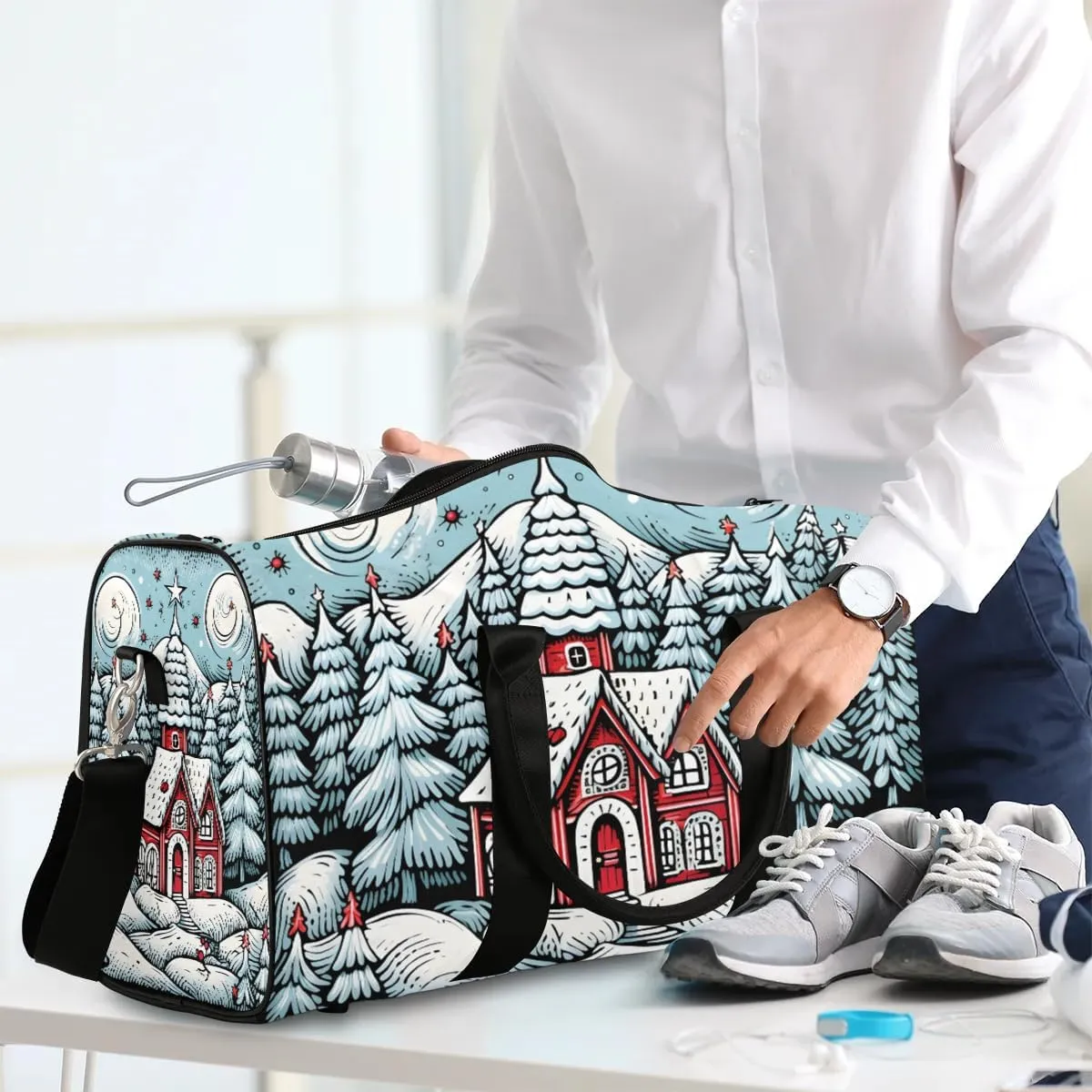 Christmas Village House Travel Duffel Bag for Women Men Waterproof Foldable Overnight Weekender Bag Large Capacity Sports Gym Bag