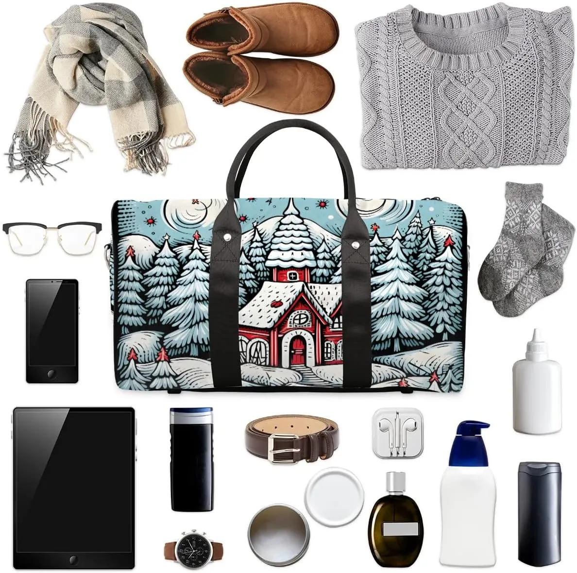 Christmas Village House Travel Duffel Bag for Women Men Waterproof Foldable Overnight Weekender Bag Large Capacity Sports Gym Bag