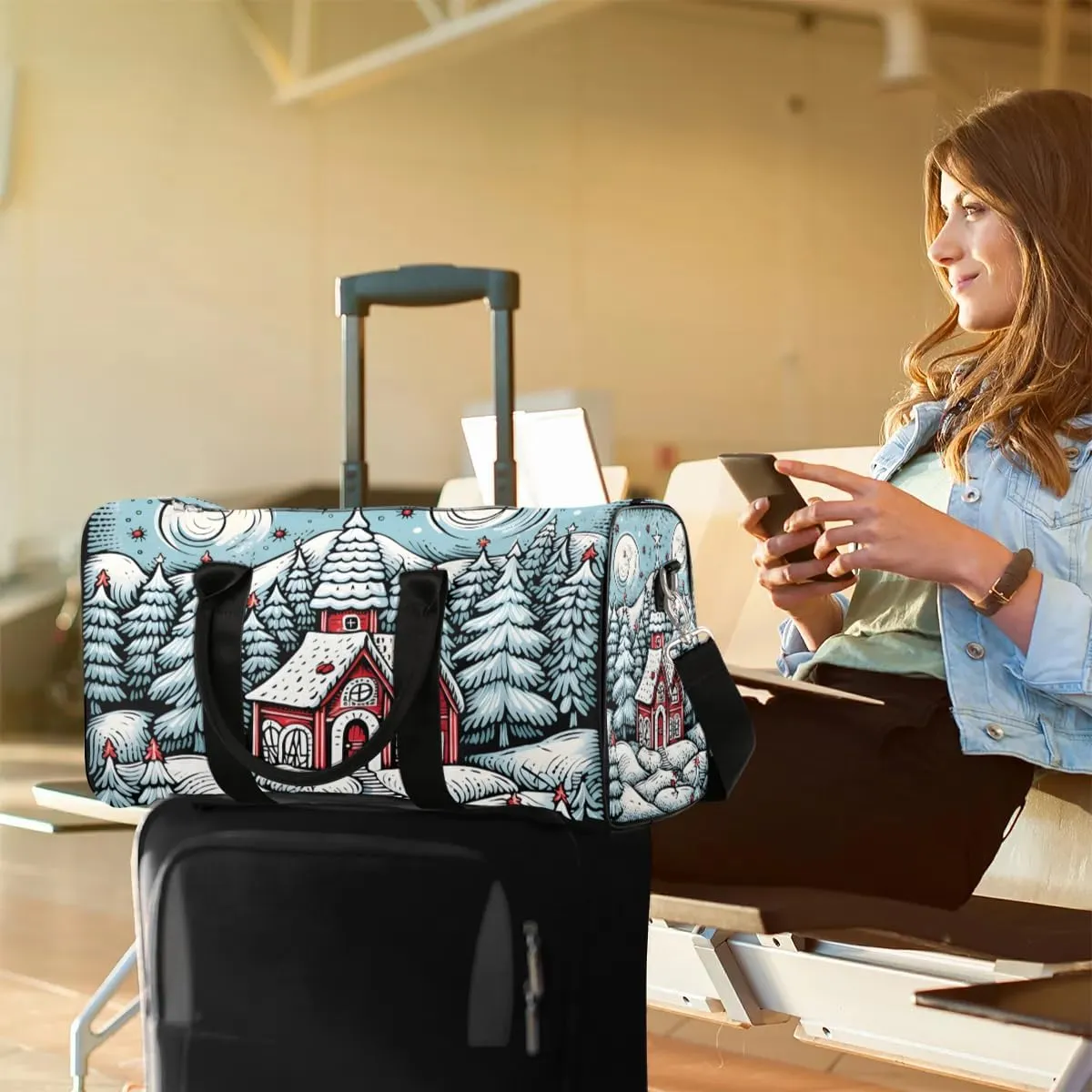 Christmas Village House Travel Duffel Bag for Women Men Waterproof Foldable Overnight Weekender Bag Large Capacity Sports Gym Bag