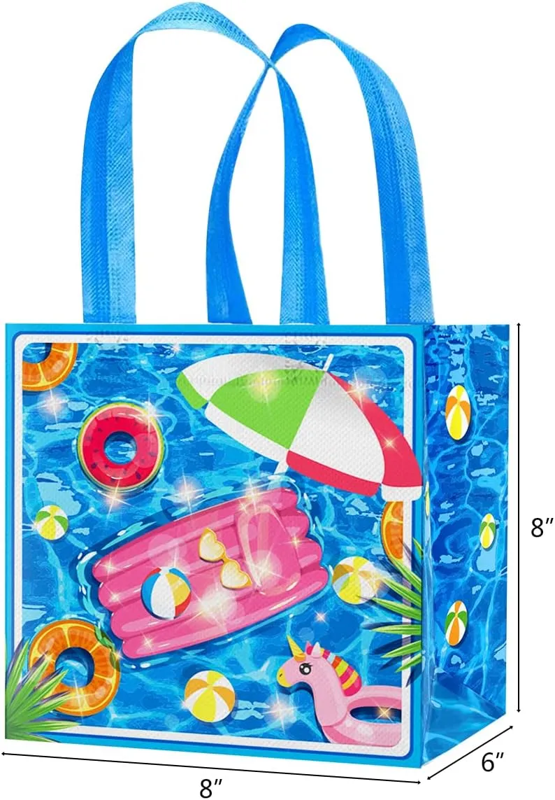 CIEOVO 12 Pack Summer Beach Pool Hawaiian Non-Woven Gift Bags Tote Bags with Handles Summer Party Reusable Grocery Shopping Bag for Beach Summer Holiday Swimming Pool Party Favors
