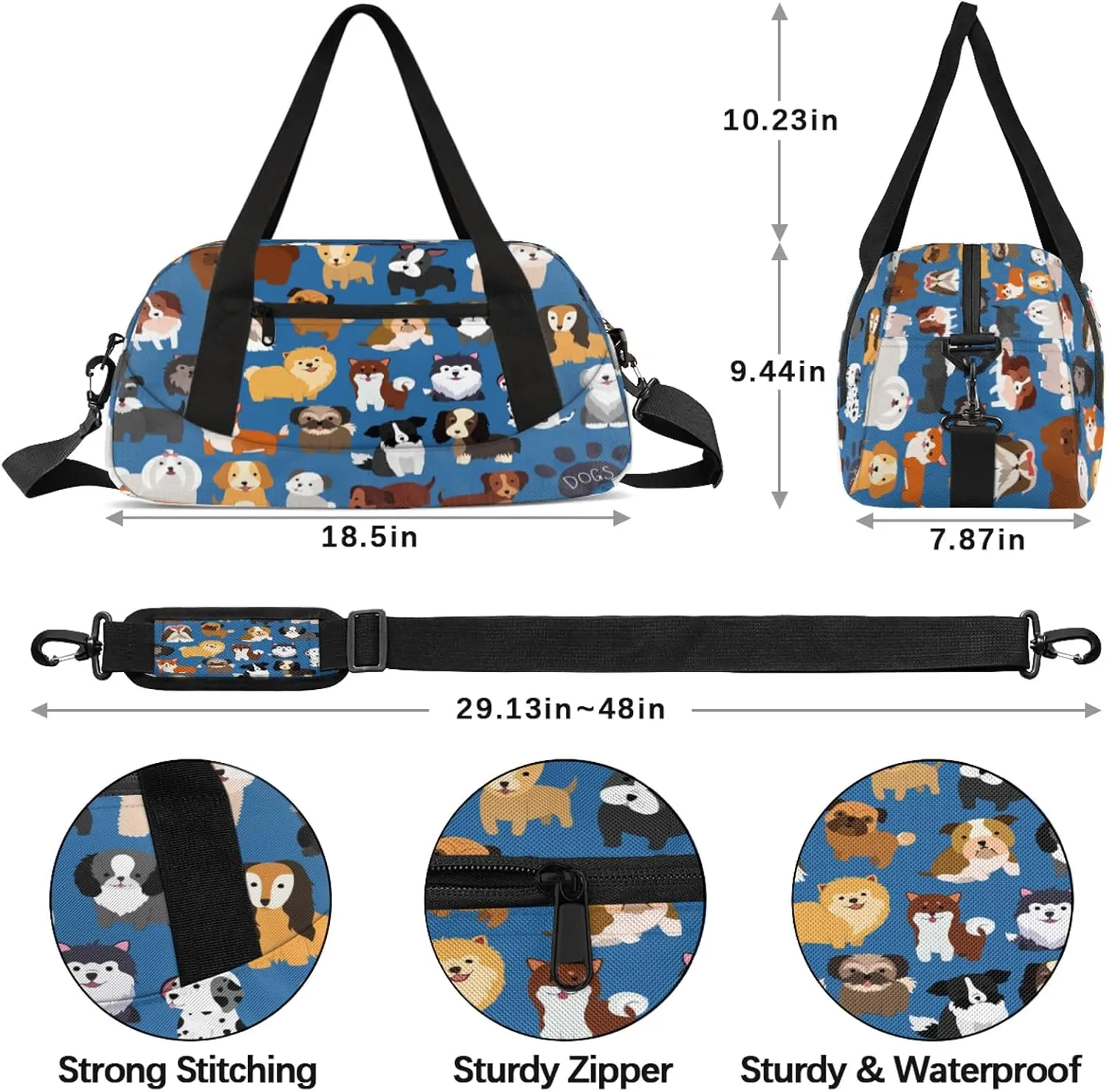 Classic Dog Pattern Kids Duffel Bag Lightweight Waterproof Sports Gym Bag with Front Zipper Pocket Foldable Weekender Overnight Bag for School Practice Gymnastic Ballet