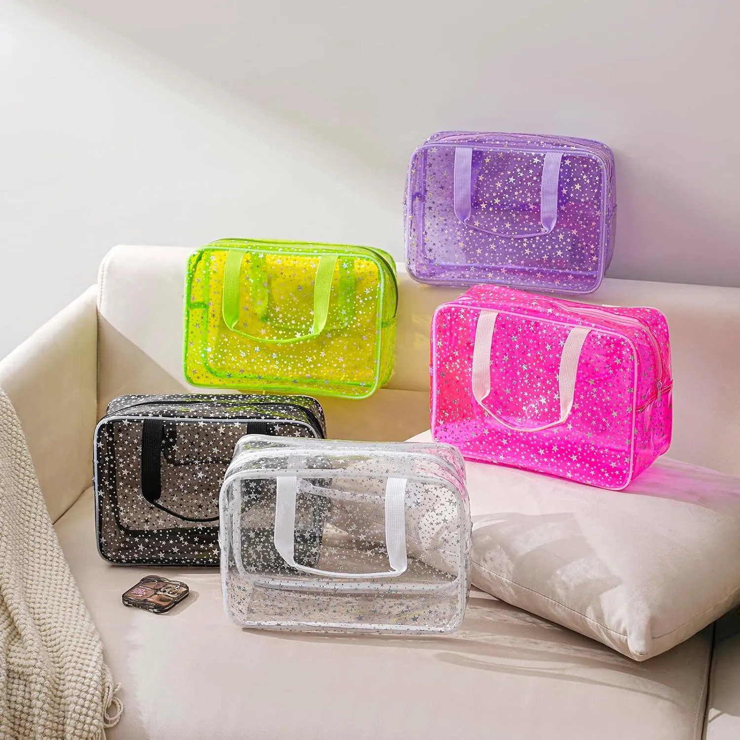 Clear PVC Star Large Cosmetic Bag, Transparent Large Zippered Opening Makeup Bag, Portable Waterproof Travel Bag with Handle, Gym, Swimming and Beach Bag (05Purple)