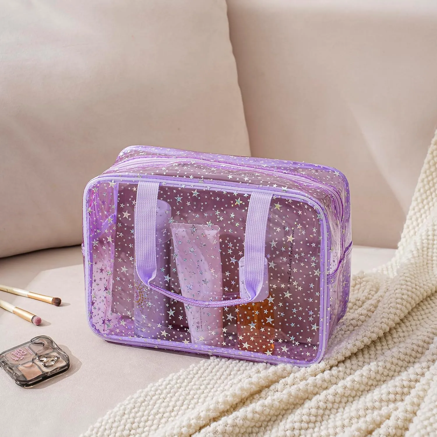 Clear PVC Star Large Cosmetic Bag, Transparent Large Zippered Opening Makeup Bag, Portable Waterproof Travel Bag with Handle, Gym, Swimming and Beach Bag (05Purple)