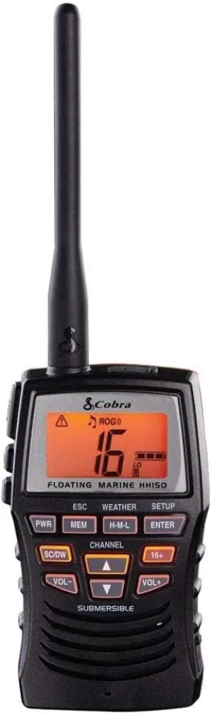 Cobra Marine Radio - MR HH150 FLT - 3 Watt, Floating, Long Range, Handheld, VHF Radio, NOAA, International, Waterproof, Submersible, Weather Alerts, LCD Screen, Belt Clip