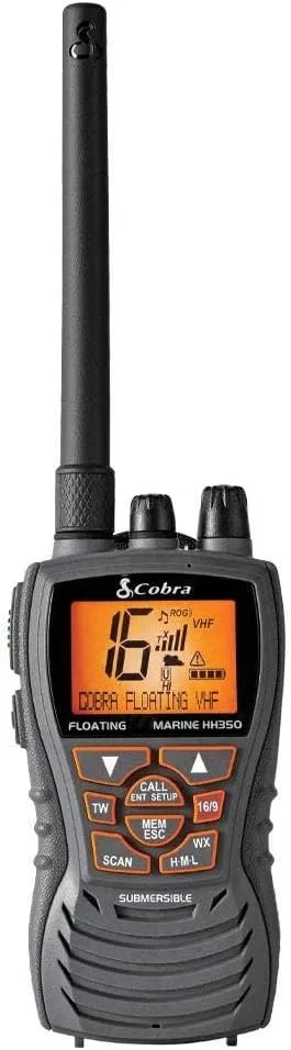 Cobra MR HH350 FLT Handheld Floating VHF Radio - 6 Watt, Submersible, Noise Cancelling Mic, Backlit LCD Display, NOAA Weather, and Memory Scan, Grey