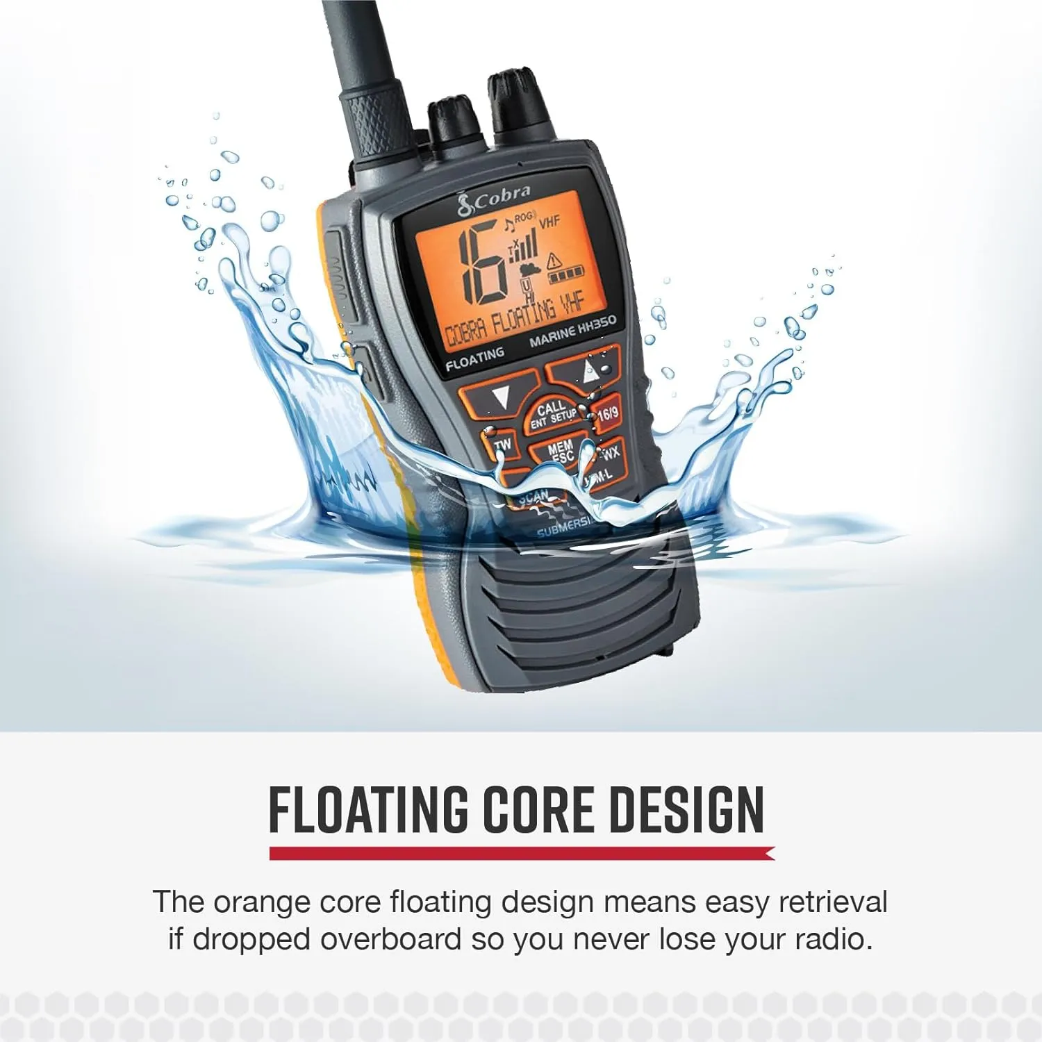 Cobra MR HH350 FLT Handheld Floating VHF Radio - 6 Watt, Submersible, Noise Cancelling Mic, Backlit LCD Display, NOAA Weather, and Memory Scan, Grey