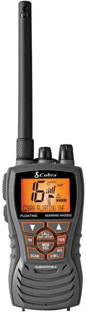 Cobra MR HH350 FLT Handheld Floating VHF Radio - 6 Watt, Submersible, Noise Cancelling Mic, Backlit LCD Display, NOAA Weather, and Memory Scan, Grey