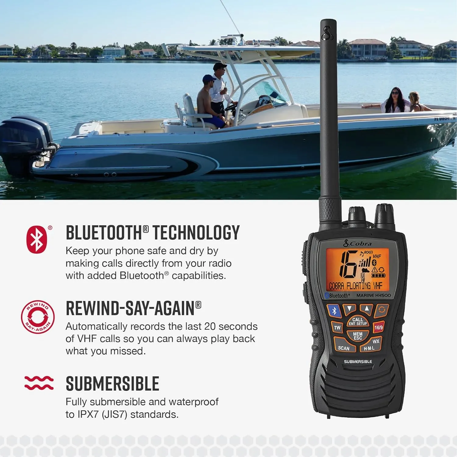 Cobra MR HH500 FLT BT Handheld Floating VHF Radio – 6 Watt, Bluetooth, Submersible, Noise Cancelling Mic, Backlit LCD Display, Floating and Waterproof Design (IP67 rating), Memory Scan, Black