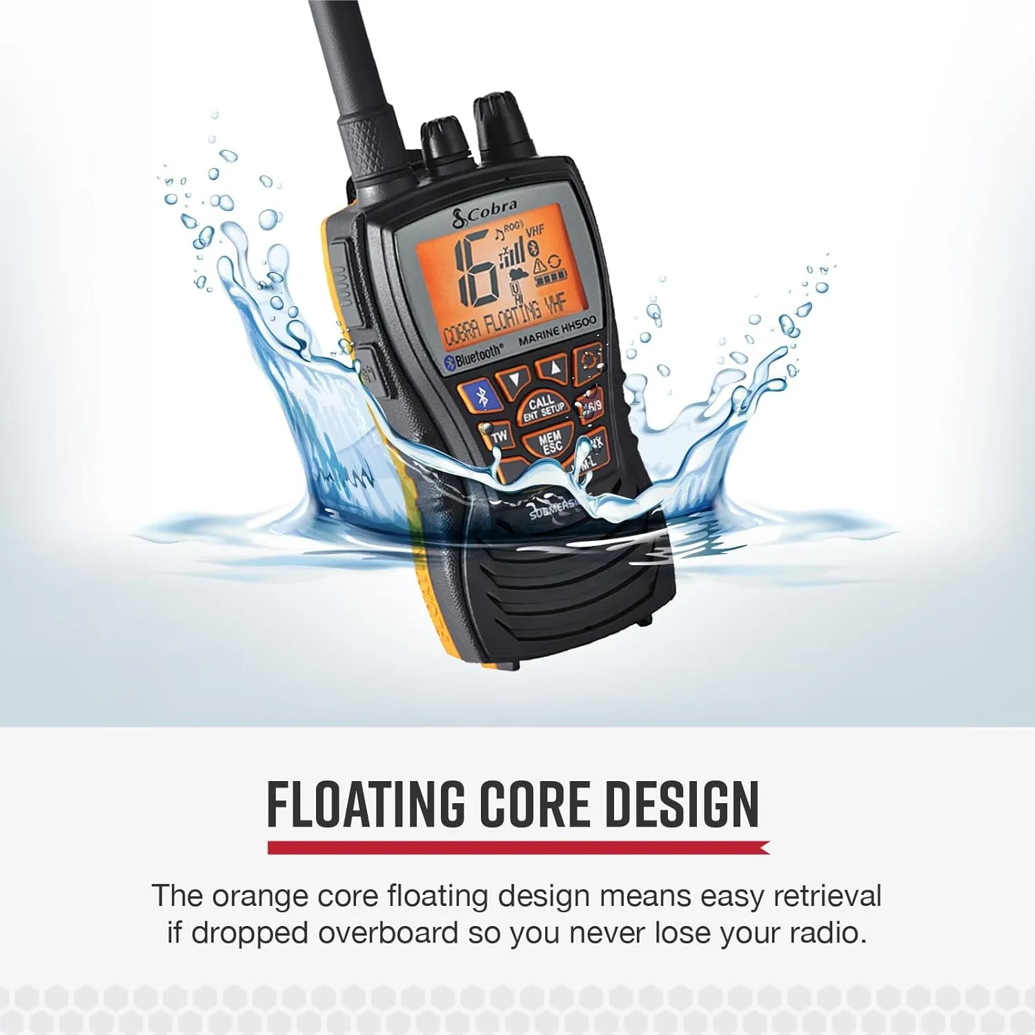 Cobra MR HH500 FLT BT Handheld Floating VHF Radio – 6 Watt, Bluetooth, Submersible, Noise Cancelling Mic, Backlit LCD Display, Floating and Waterproof Design (IP67 rating), Memory Scan, Black