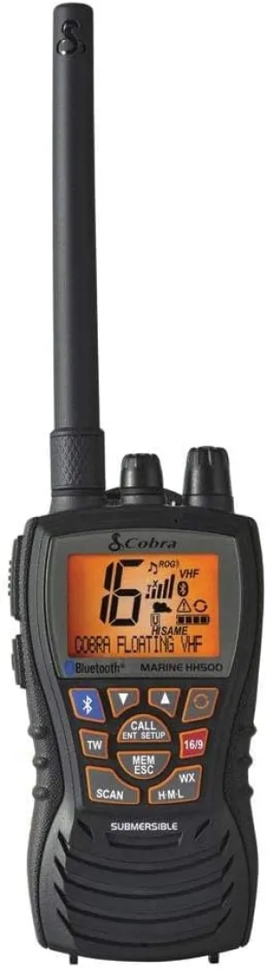 Cobra MR HH500 FLT BT Handheld Floating VHF Radio – 6 Watt, Bluetooth, Submersible, Noise Cancelling Mic, Backlit LCD Display, Floating and Waterproof Design (IP67 rating), Memory Scan, Black