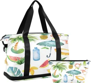 Coconut Tree and Watermelon Travel Duffel Bag Waterproof Gym Sport Tote Bag Carry On Weekender Bag with Compartment