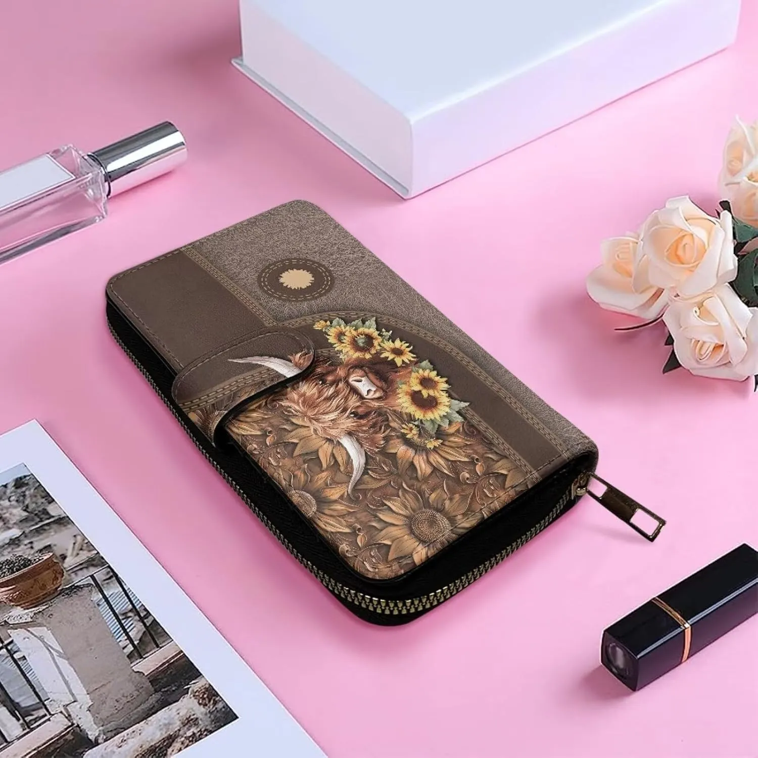 COEQINE Ladies Wallets Pink Leopard Heart Black Printed Leather Phone Long Clutch Purses Check Coin Change Holder