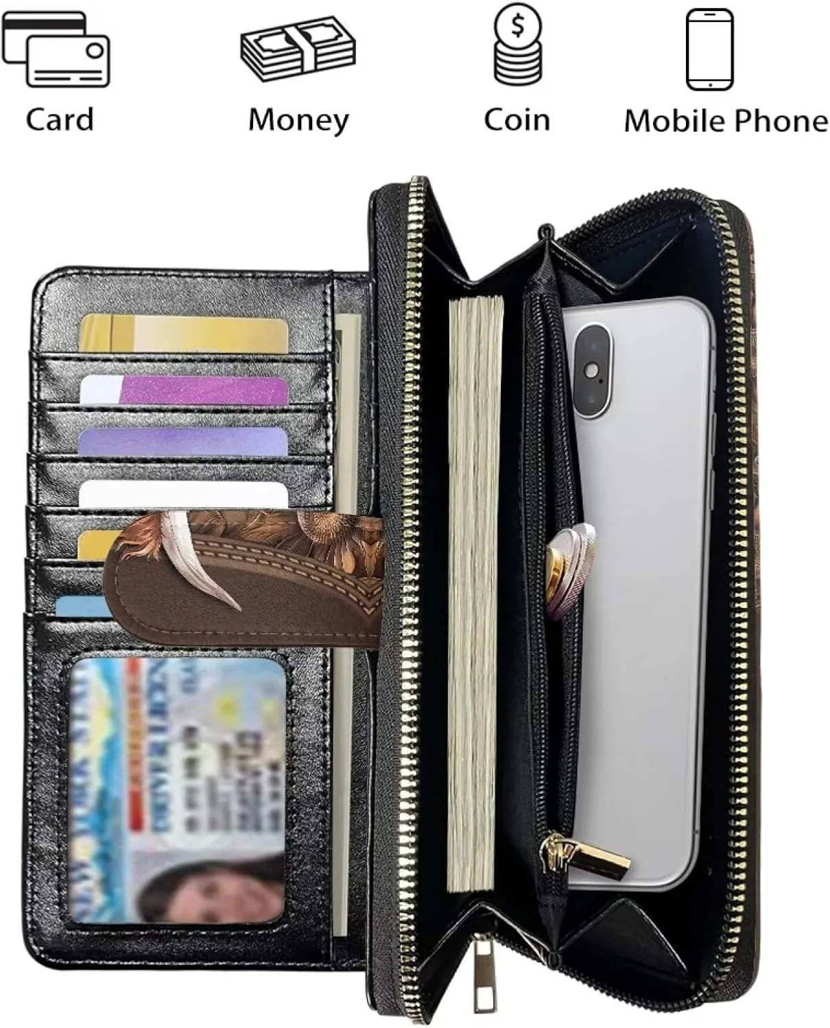 COEQINE Ladies Wallets Pink Leopard Heart Black Printed Leather Phone Long Clutch Purses Check Coin Change Holder