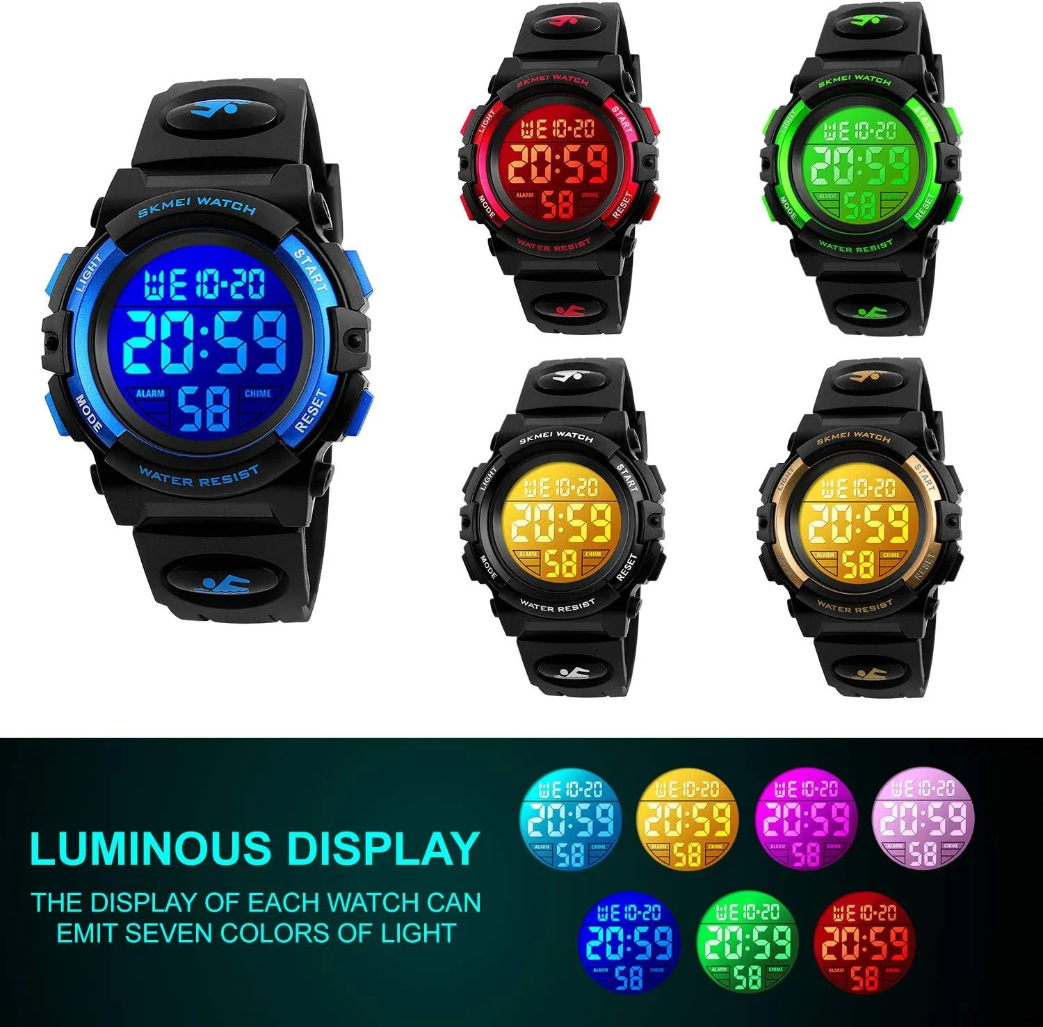 cofuo Kids Digital Sports Watch for Boys Girls, Boy Waterproof Casual Electronic Analog Quartz 7 Colorful Led Watches with Alarm Stopwatch Silicone Band Luminous Wristatches