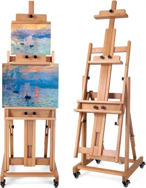 Collapsible Extra- Large Versatile Studio H-Frame Easel, Hold 1 or 2 Canvas up to 91",Adjustable Beech Wood Easel for Painting,Movable & Tilting Flat Floor Art Easel Stand for Artists