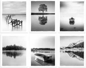 Color Play Nature Landscape Prints Wall Art Lake Scene Pictures Black and White Boat Pier Artwork Forest Tree Mountain Photography for Home Wall Decor UNFRAMED 8x10 Inch 6 Piece