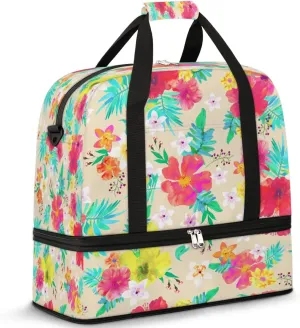 Colorful Floral Sports Gym Bag with Shoes Compartment Foldable Travel Duffel Bag Dry Wet Separated Sports Tote Workout Weekender Overnight Bag for Women Yoga Dance Work Training Handbag