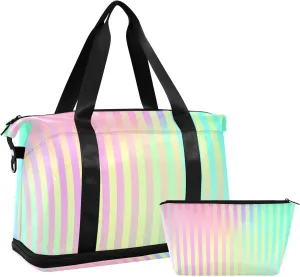 Colorful Laser Design Stripes Overnight Travel Duffel Bag Carry on Bag with Adjustable Strap for Airplane Traveling Foldable