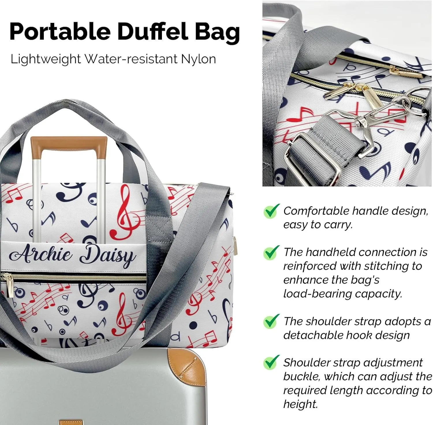Colorful Musical Notes Personalized Duffel Bags Customized Multi-Function Travel Bag Gym Sports Bag Dance Ballet Overnight Carry On Weekend Bag