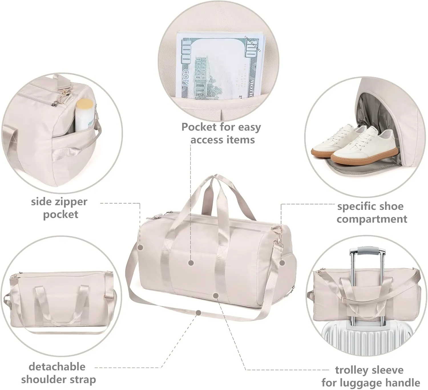 COLOYDuffle Bag for Women, Sports Duffel Bag with Wet Pocket & Shoe Compartment, Overnight Weekender Travel Bag(Pink)(Beige)