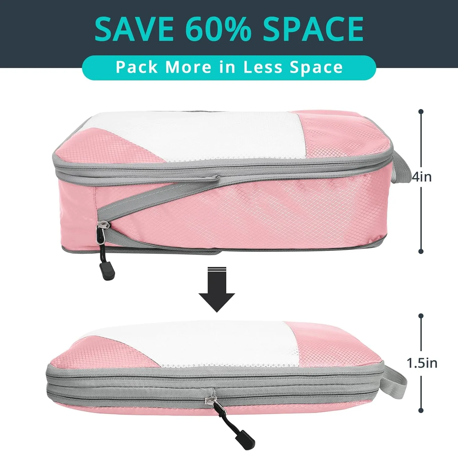 Compression Packing Cubes 6 Set, Compressible Space-Saving Packing Cubes for Travel - Compression Bags, Luggage Organizer, Travel Essentials for Women, Pink