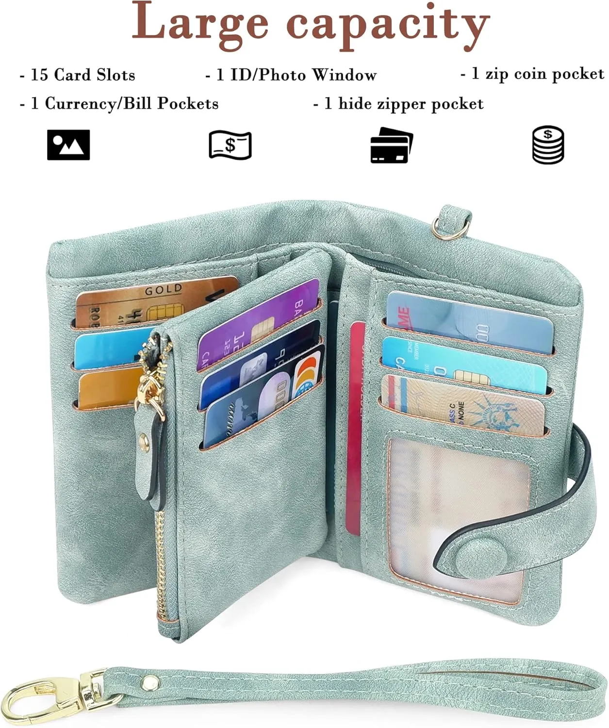 CONISY Small Wristlet Wallets for Women, Leather Bifold RFID Wallet with ID Window Zipper Coin Purse