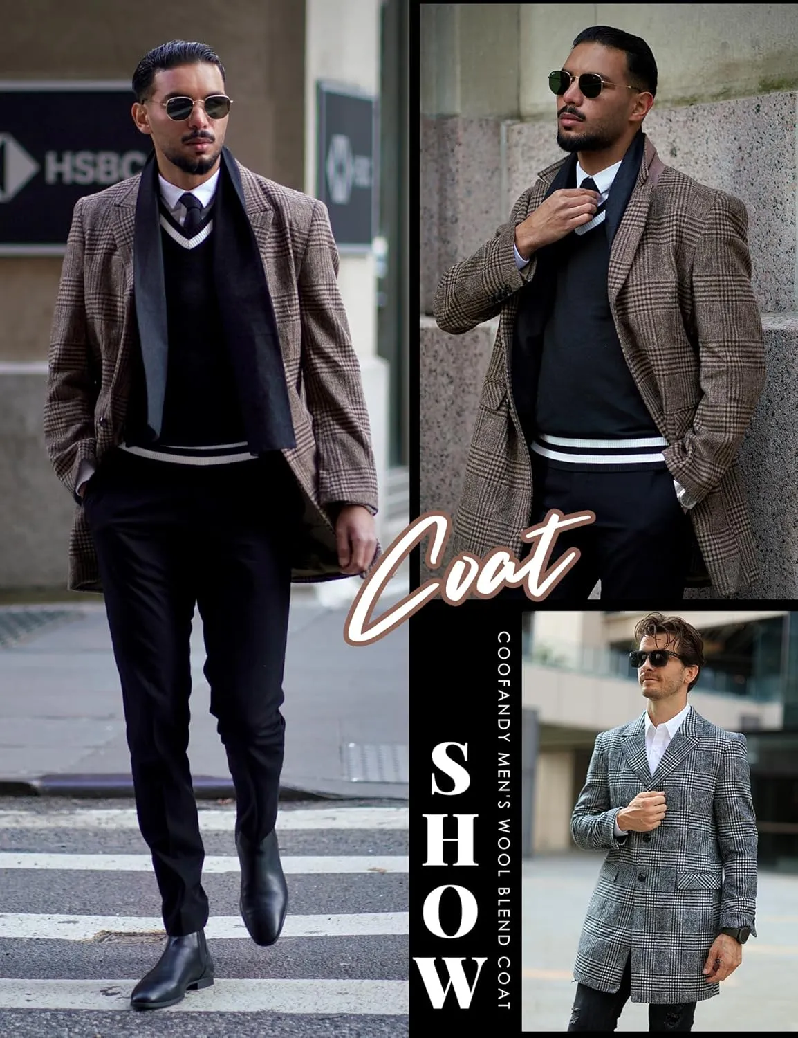 COOFANDY Men's Wool Blend Coat with Detachable Plaid Scarfs Notched Collar Single Breasted Pea Coat Trench Overcoat