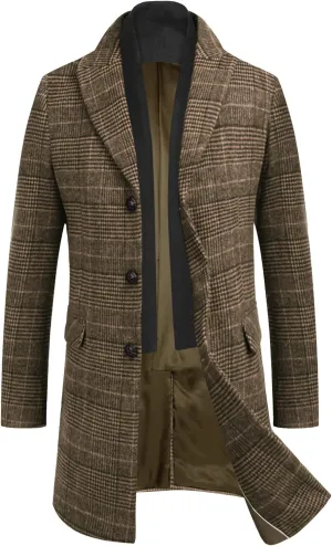 COOFANDY Men's Wool Blend Coat with Detachable Plaid Scarfs Notched Collar Single Breasted Pea Coat Trench Overcoat