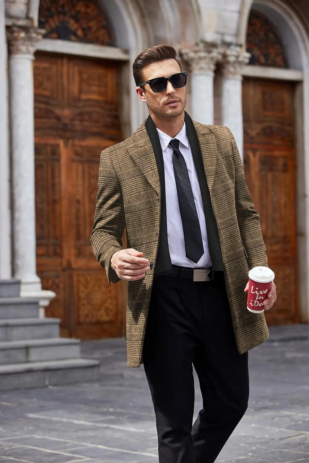 COOFANDY Men's Wool Blend Coat with Detachable Plaid Scarfs Notched Collar Single Breasted Pea Coat Trench Overcoat