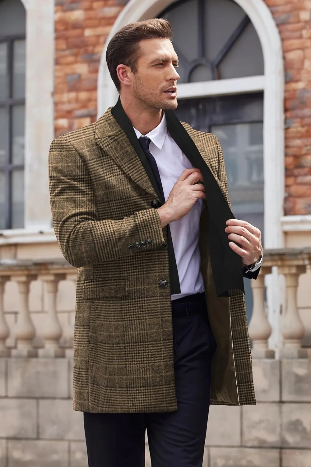COOFANDY Men's Wool Blend Coat with Detachable Plaid Scarfs Notched Collar Single Breasted Pea Coat Trench Overcoat
