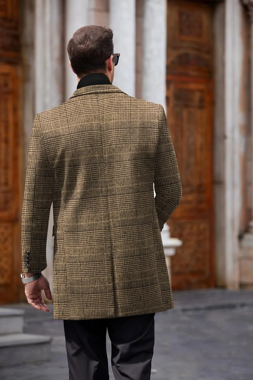 COOFANDY Men's Wool Blend Coat with Detachable Plaid Scarfs Notched Collar Single Breasted Pea Coat Trench Overcoat