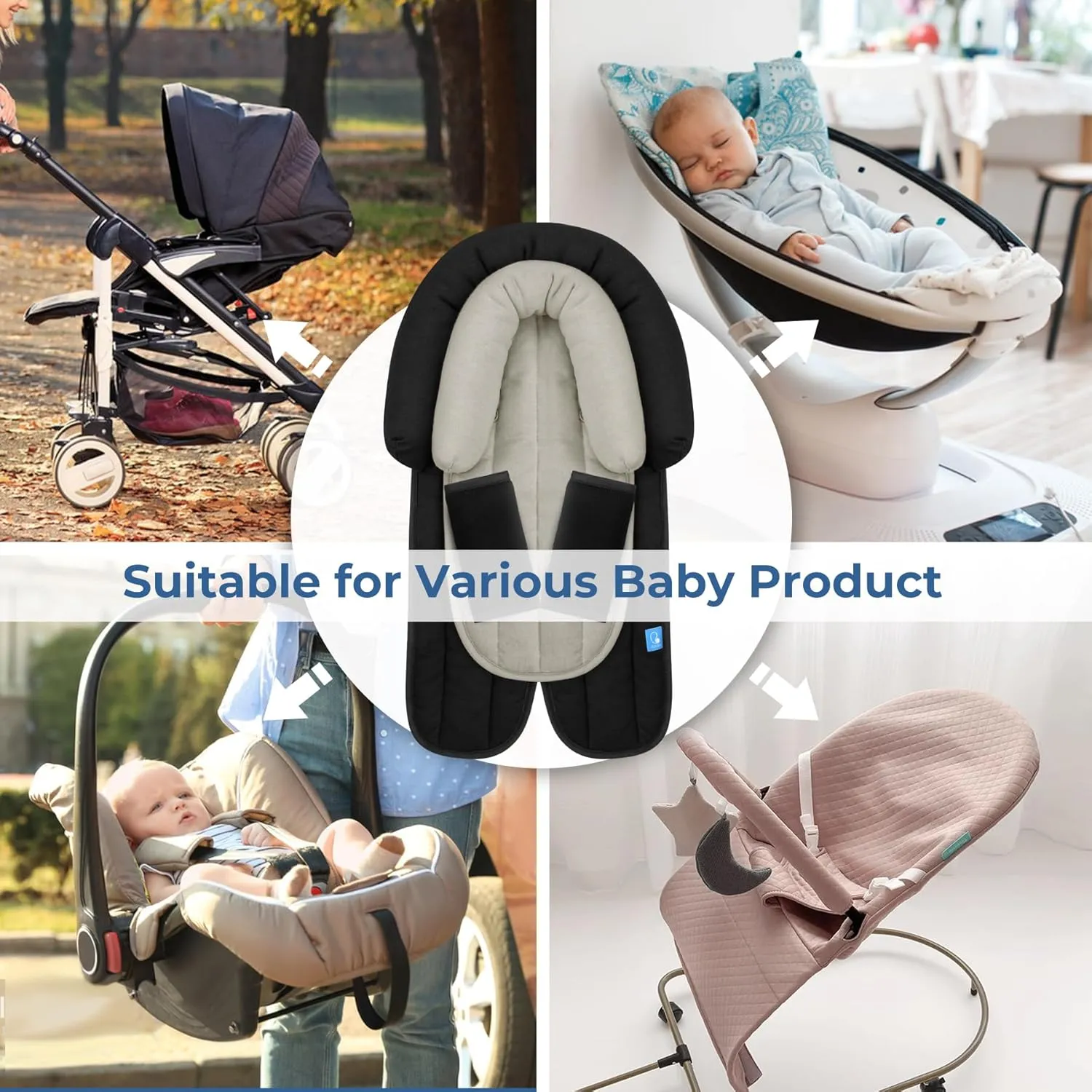 COOLBEBE Upgraded Babybody Support & Strap Covers Set for Newborn Infant Toddler - Extra Soft Breathable Car Seat Insert Cushion Pad, Perfect for Carseats, Strollers, Swing, Black