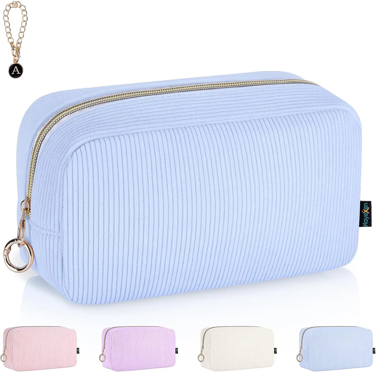 Corduroy Makeup Bag, Small Cosmetics Bag for Purse, Portable Travel Makeup Pouch with Ring Buckle & Inner Pockets for Women