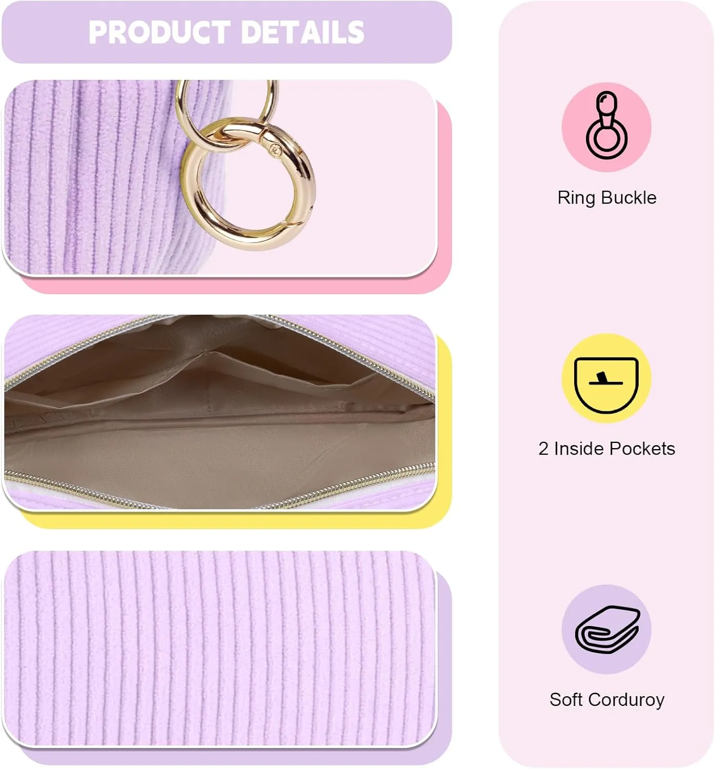 Corduroy Makeup Bag, Small Cosmetics Bag for Purse, Portable Travel Makeup Pouch with Ring Buckle & Inner Pockets for Women