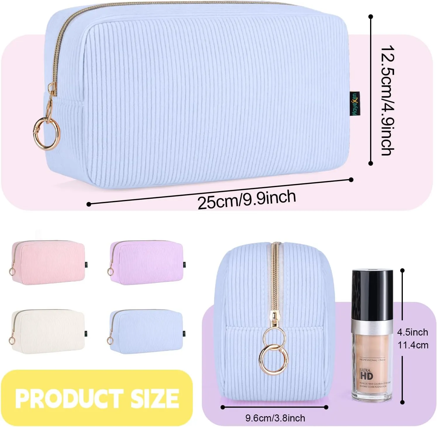 Corduroy Makeup Bag, Small Cosmetics Bag for Purse, Portable Travel Makeup Pouch with Ring Buckle & Inner Pockets for Women