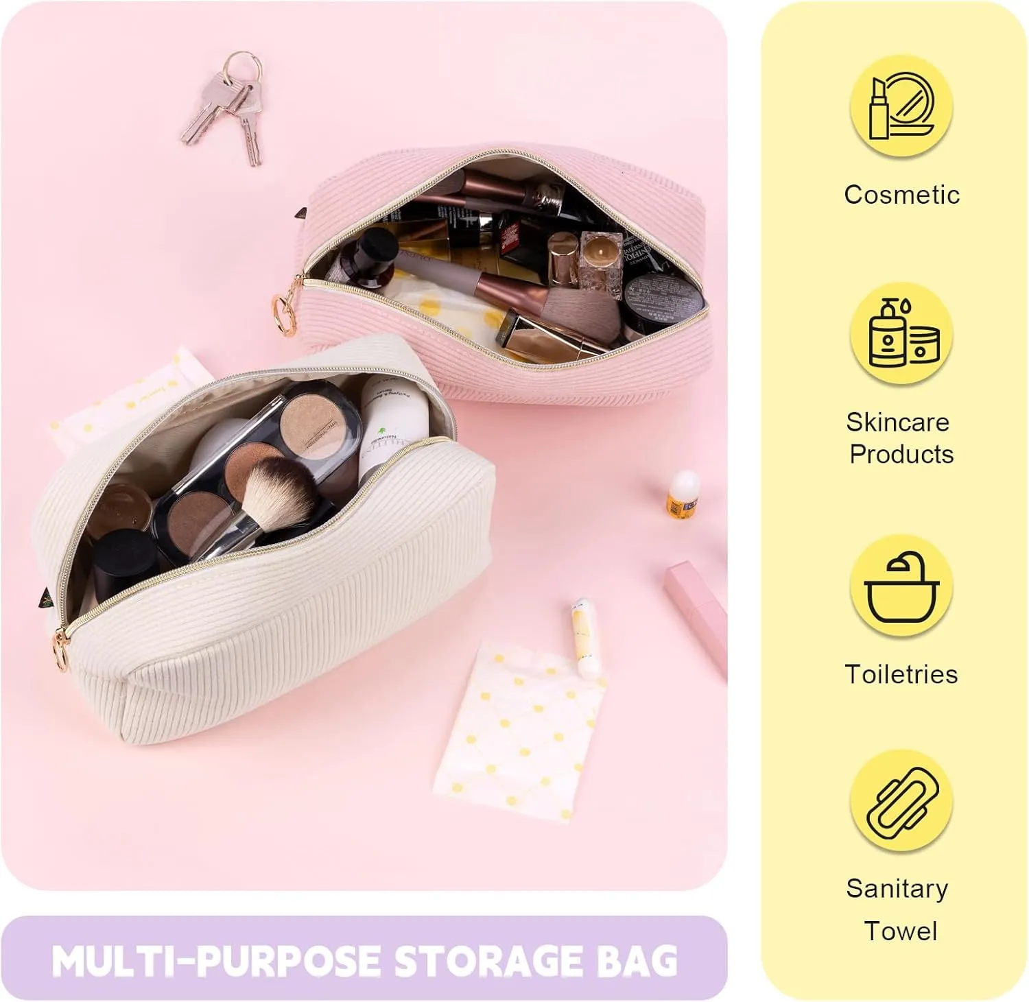 Corduroy Makeup Bag, Small Cosmetics Bag for Purse, Portable Travel Makeup Pouch with Ring Buckle & Inner Pockets for Women