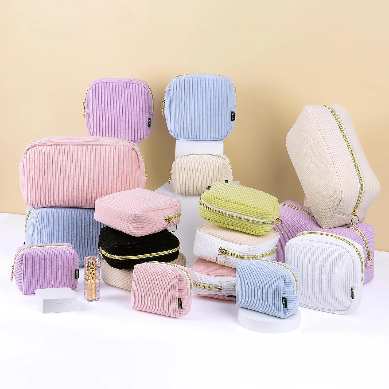 Corduroy Makeup Bag, Small Cosmetics Bag for Purse, Portable Travel Makeup Pouch with Ring Buckle & Inner Pockets for Women