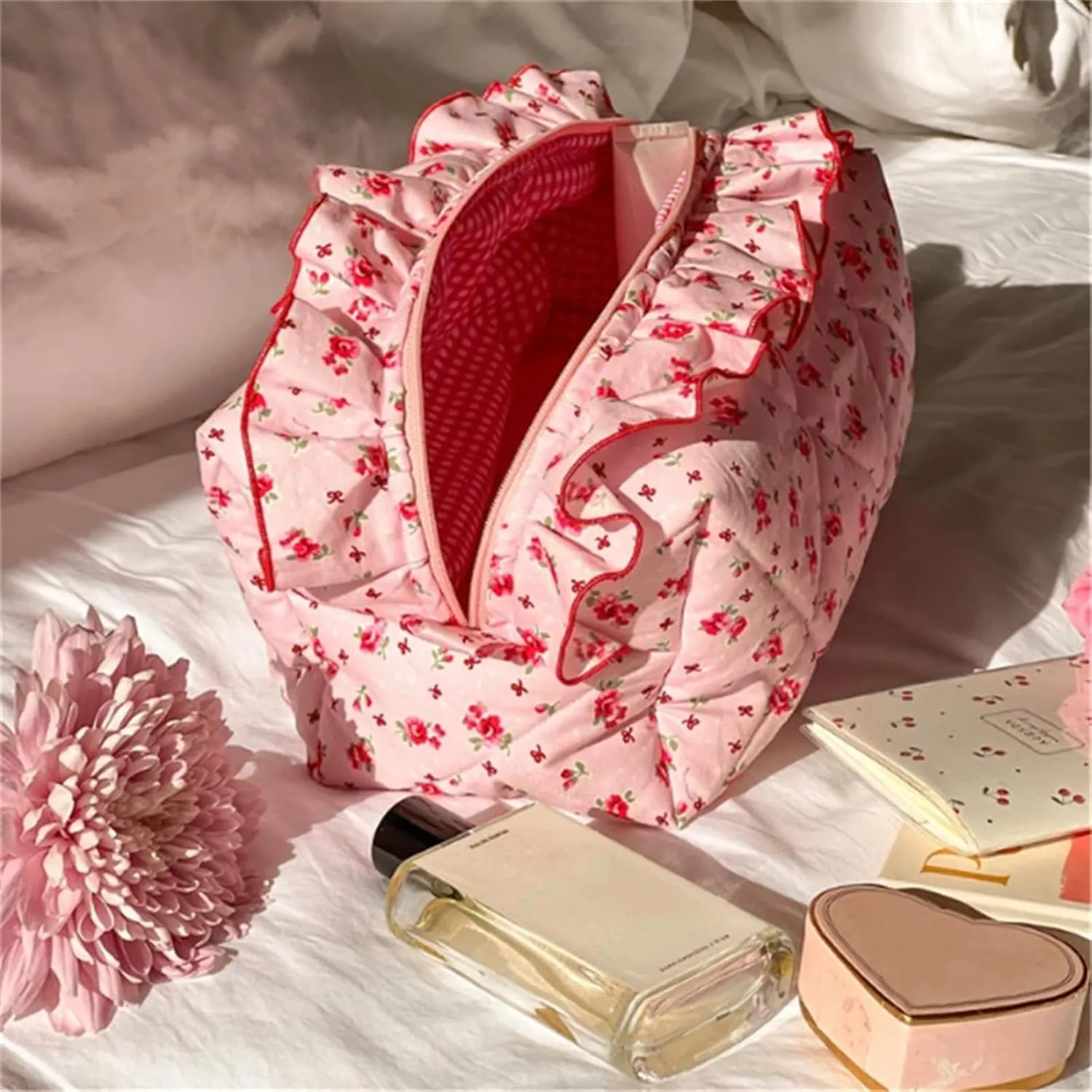 Cotton Makeup Bag Makeup Bag Coquette Accessories Large Capacity Pouch Stylish Pouch Toiletries Bag Stylish Design Bag For Travel Outdoor Camping Hiking Women Girls Pink Flowers