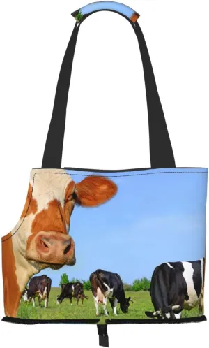Cow On Pasture Pet Portable Folding Shoulder Bag, Pet Travel Handbag,Portable Travel Pet Carrier,Sided Tote Carrier for Small Animals for Subway/Shopping/Hiking/Traveling