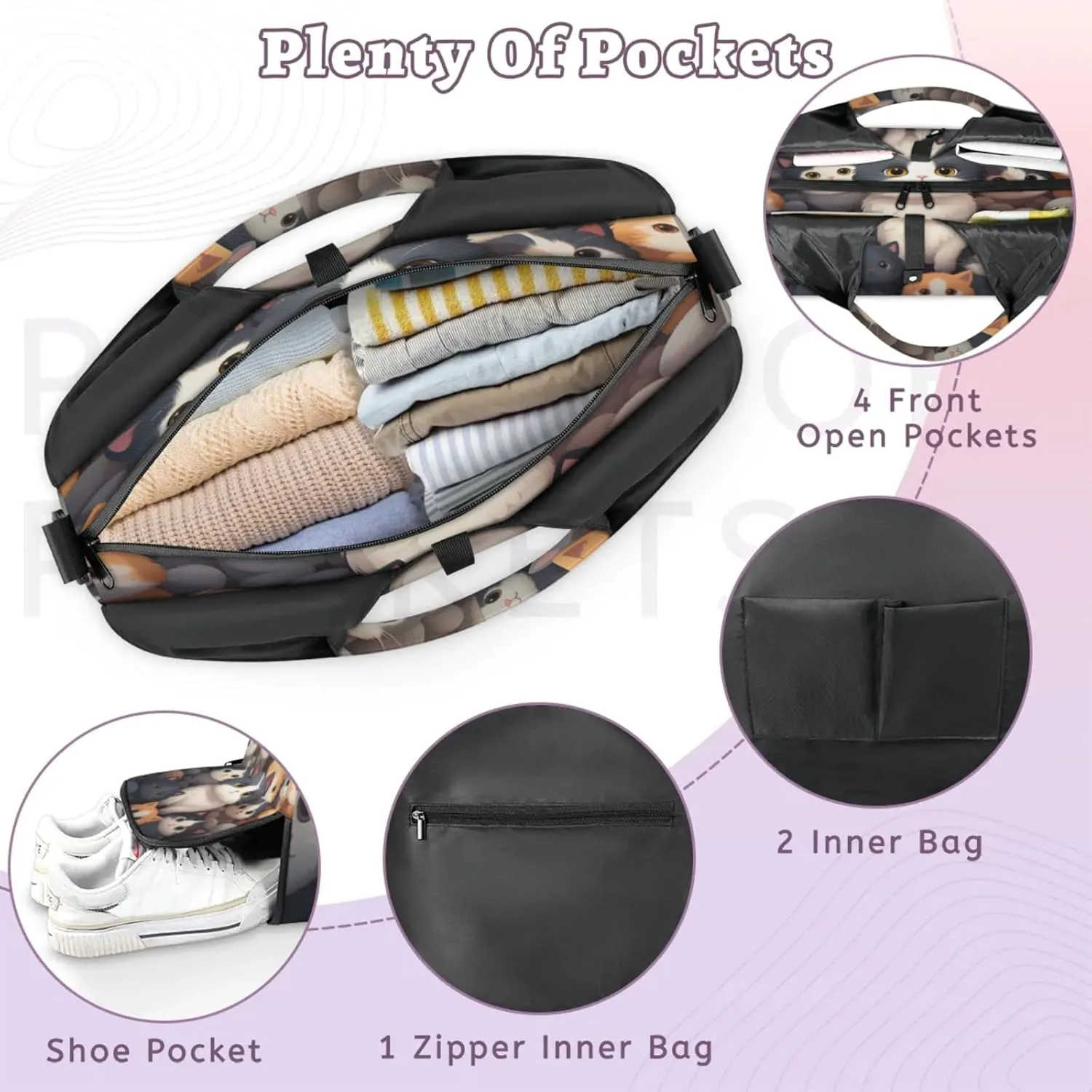 Cozy Cat Crew Waterproof Gym Bag for Men Women, Sports Duffel Bag with Shoe Compartment Yoga Mat Holder, Portable Large Travel Bag for Fitness, Camping, Weekend Trips