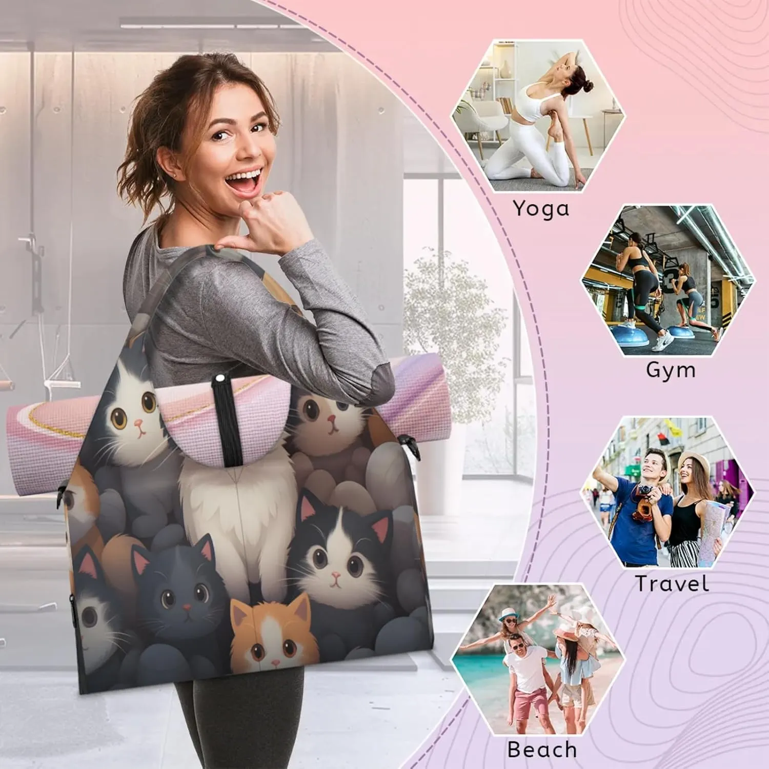 Cozy Cat Crew Waterproof Gym Bag for Men Women, Sports Duffel Bag with Shoe Compartment Yoga Mat Holder, Portable Large Travel Bag for Fitness, Camping, Weekend Trips