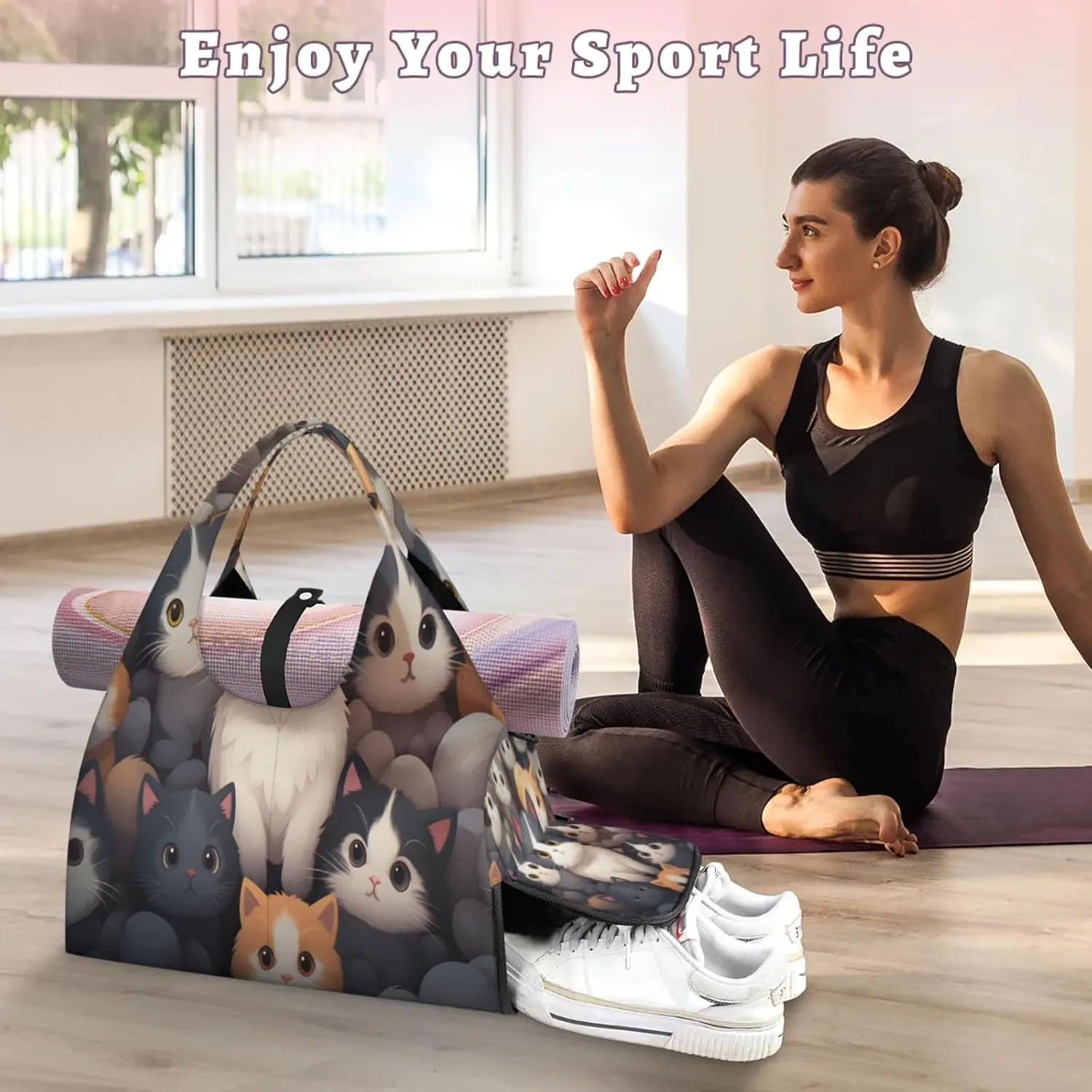 Cozy Cat Crew Waterproof Gym Bag for Men Women, Sports Duffel Bag with Shoe Compartment Yoga Mat Holder, Portable Large Travel Bag for Fitness, Camping, Weekend Trips