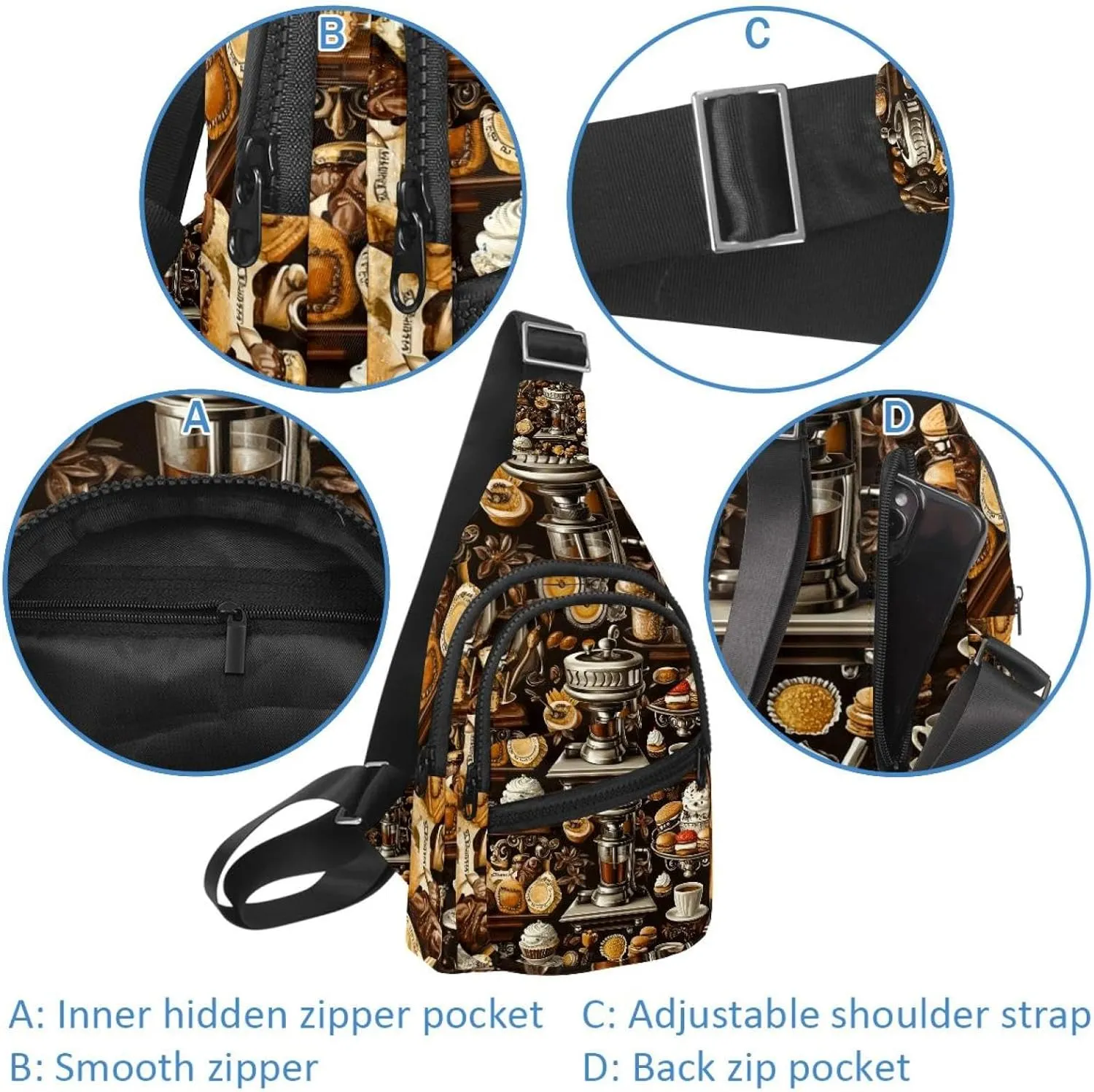 Crossbody Bags for Women Men coffee maker elements sweets (1) Sling Bag Bakpack Casual Chest Bag with Convertible Shoulder Strap