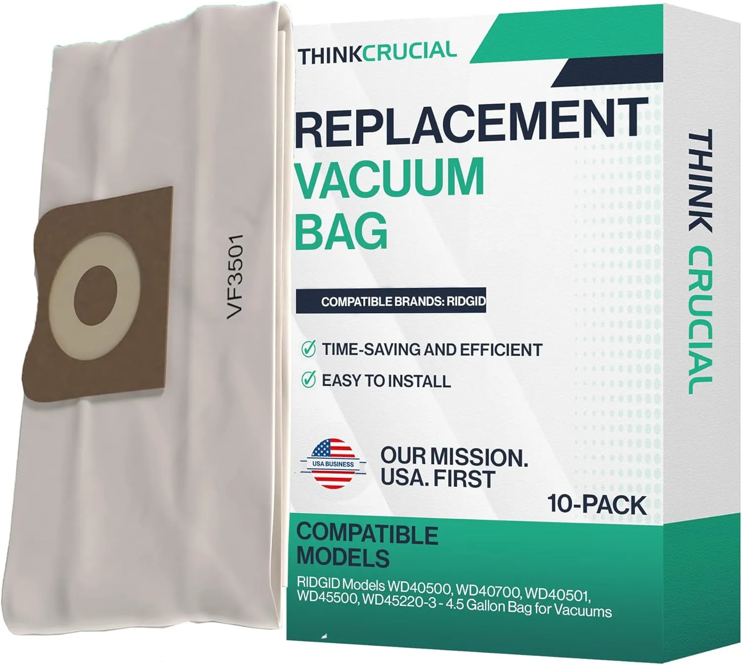 Crucial Vacuum Replacement Allergen Bags Part # VF3501 - Compatible with RIDGID Models WD40500, WD40700, WD40501, WD45500, WD45220-3 - 4.5 Gallon Bag for Vacuums - 11.2" X 7.9" X 2" (10 Pack)