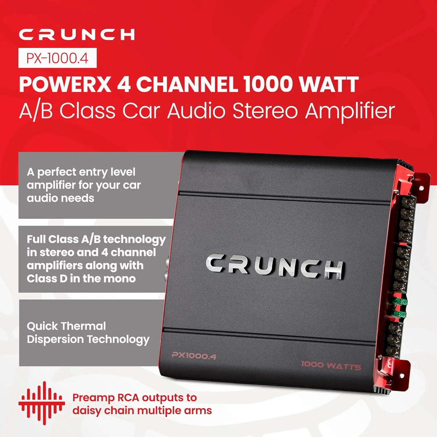 Crunch PX 1000.4 4 Channel 1000 Watt Amp A B Class Car Truck Motor Vehicle Stereo Power Amplifier, Lightweight 5.4 Pounds Black
