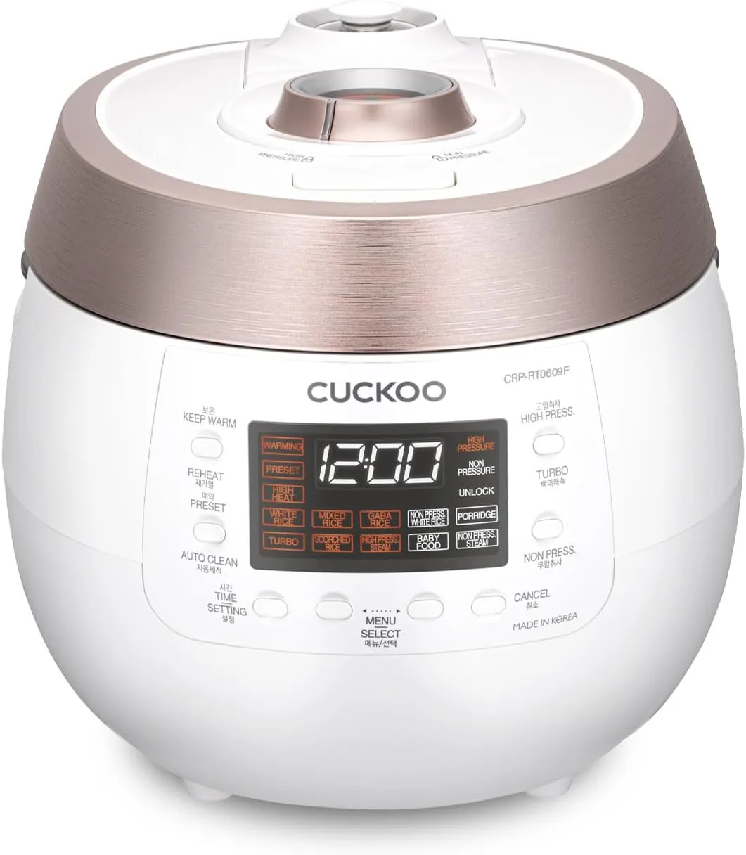 CUCKOO CRP-RT0609FW 6-Cup (Uncooked) / 12-Cup (Cooked) Twin Pressure Rice Cooker & Warmer with Nonstick Inner Pot, 14 Menu Options, Safe Steam Release, 3 Voice Guide, Auto Clean (White)
