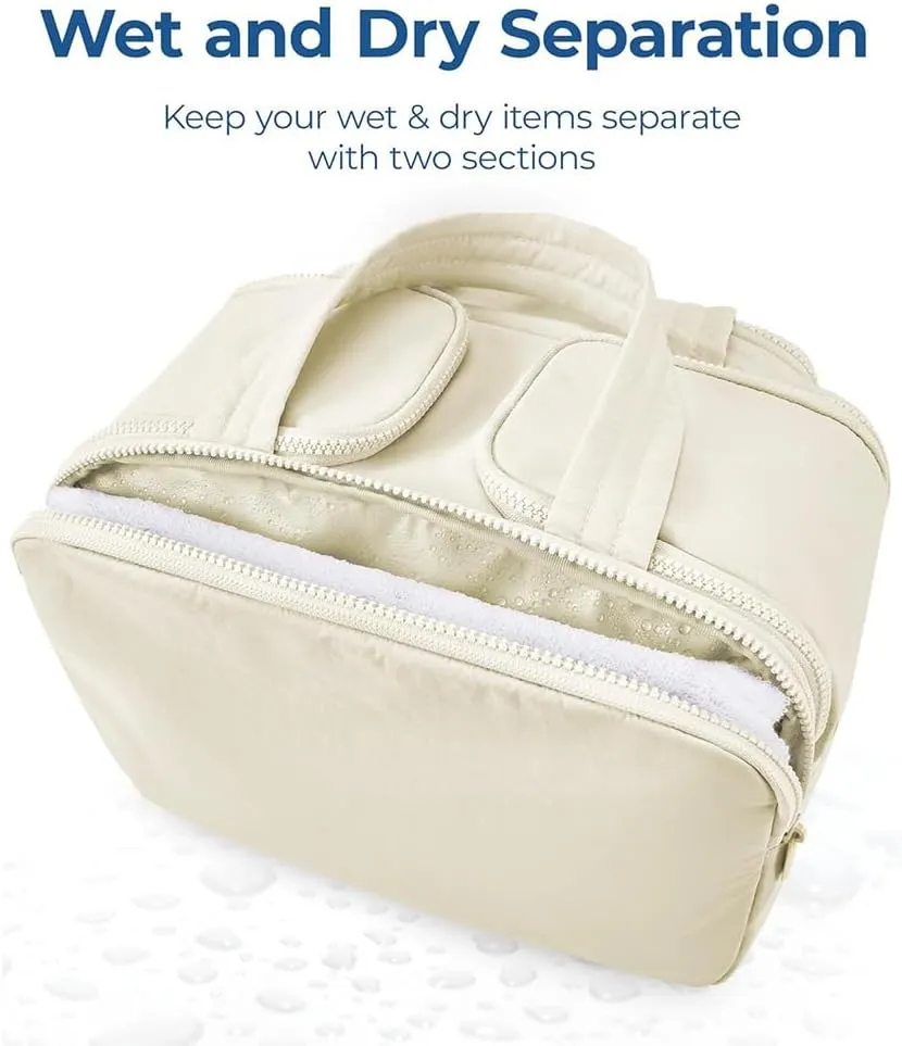 Cureaway Travel Cosmetic Bag, Cureaway Large Capacity Wide-Open Travel Cosmetic Bag, Travels Makeup Bags, Waterproof Portable Pouch Open Flat Toiletry Bags, for Women With Divider And Handle (Pink)