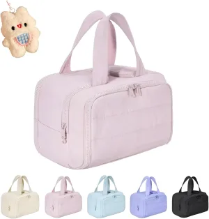 Cureaway Travel Cosmetic Bag, Cureaway Large Capacity Wide-Open Travel Cosmetic Bag, Travels Makeup Bags, Waterproof Portable Pouch Open Flat Toiletry Bags, for Women With Divider And Handle (Pink)