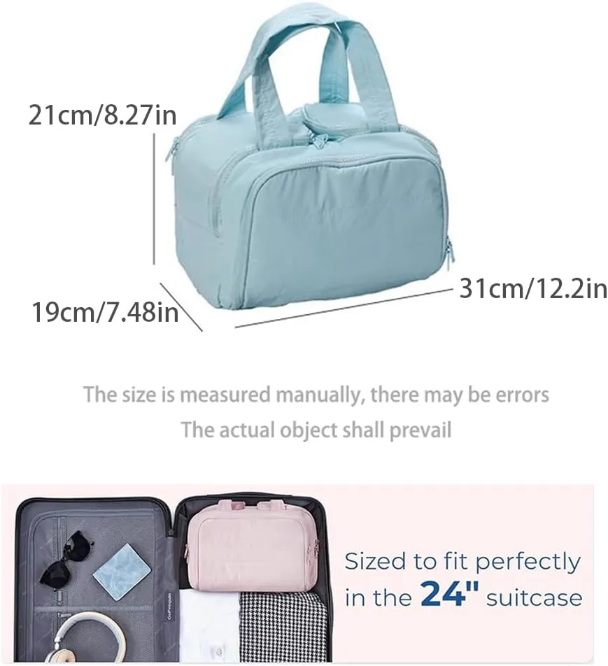 Cureaway Travel Cosmetic Bag, Cureaway Large Capacity Wide-Open Travel Cosmetic Bag, Travels Makeup Bags, Waterproof Portable Pouch Open Flat Toiletry Bags, for Women With Divider And Handle (Pink)